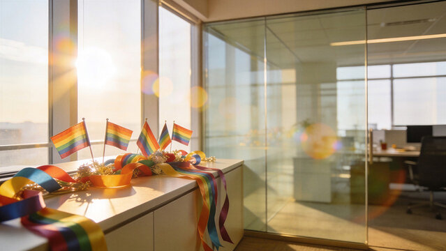 Festive decorations including rainbow ribbons and miniature flags placed on an office cabinet, with bright sun rays in a professional setting for Pride Month spirit.