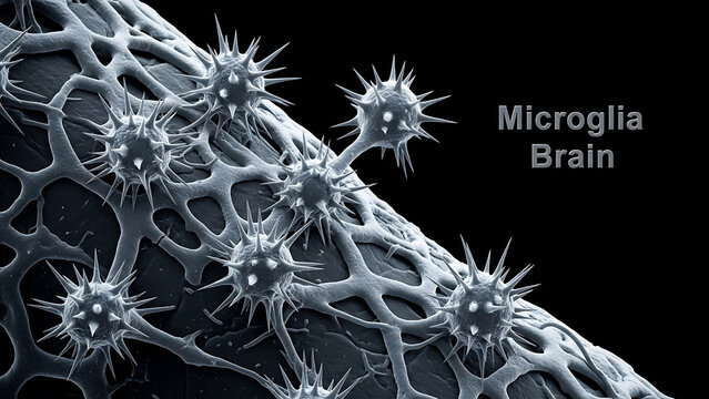 Microglia cells in brain tissue under microscope  closeup view of nervous system  microglia brain cells  neuron structure