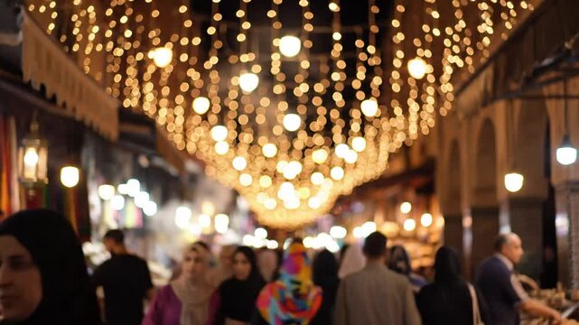 Night market lights and crowd.