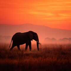 Fototapeta premium Elephant In The Park Majestic Elephant Walking Through African Savannah Grassland