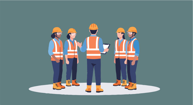 Minimal flat design of a K3 meeting, workers wearing safety gear, clean layout, white background.