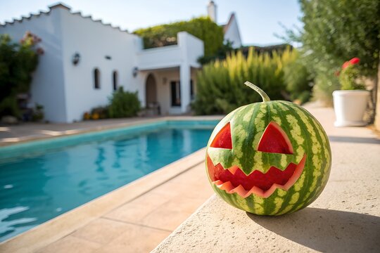 A creatively carved watermelon, transformed into a spooky jack-o'-lantern with a grinning, toothy mouth and triangular eyes, sits prominently on the edge of a sun-drenched swimming pool deck with a bl