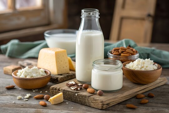 Fresh organic dairy products including a tall glass milk bottle and a small glass jar containing creamy white yogurt placed next to bowls filled with delicious cottage cheese and a large solid block o