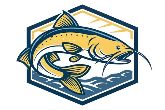 A vibrantly stylized catfish, artfully designed with striking yellow, deep blue, and crisp white colors, dynamically depicted within a robust hexagonal emblem, serving as a powerful compelling vector 
