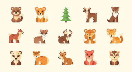 Fototapeta premium Cartoon forest animals and tree vector set