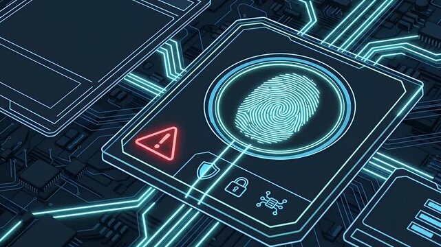 Fingerprint scanner biometric security digital authentication data protection technology circuit electronic interface glowing blue lines red warning sign futuristic design cybersecurity access control