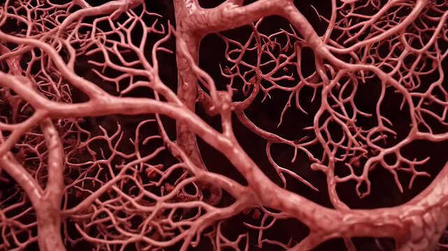 Intricate network of blood vessels with branching arteries, veins, and capillaries showing detailed vascular anatomy and complex circulatory system structure in close up biology illustration