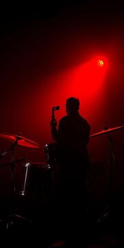 Silhouette of a drummer playing multi tenor drums against dark background, music performance, high contrast