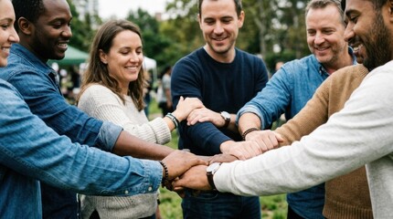 Fototapeta premium A group of people standing in a circle, holding hands together in unity.