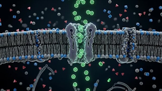 Cell membrane lipid bilayer with protein channel enabling molecular transport and selective permeability illustrating biological membrane structure and cell biology microscopic view