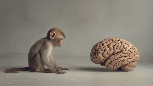 Wireframe monkey looking at a human brain. Relationship between animals and intelligence or neurological. 