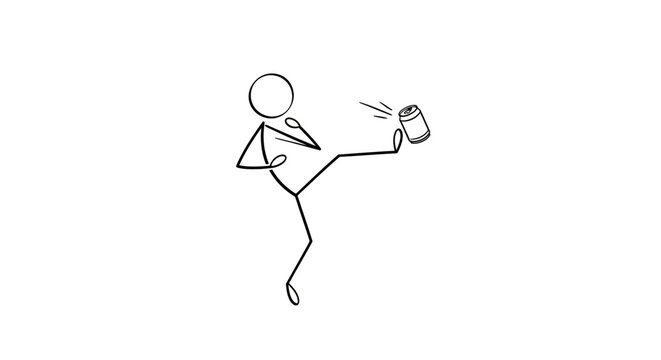 Stick figure kicking a coffee mug.