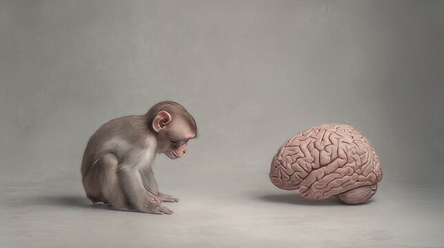 Wireframe monkey looking at a human brain. Relationship between animals and intelligence or neurological. 