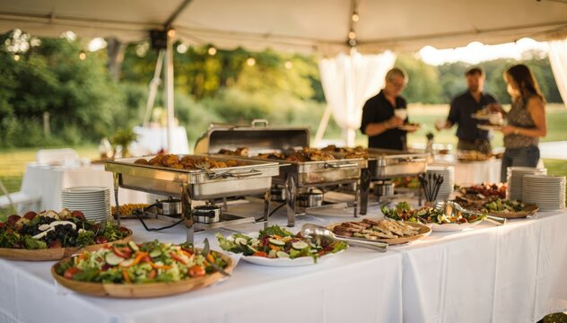 Medium shot of a casual outdoor buffet with portable warming trays and fresh salads under a white tent soft background blur highlighting laidback event vibes.