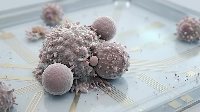 Immune cells interacting microchip surface with detailed textures and structures of white blood cells microscopic biology and medical science technology illustrating cellular interaction futuristic