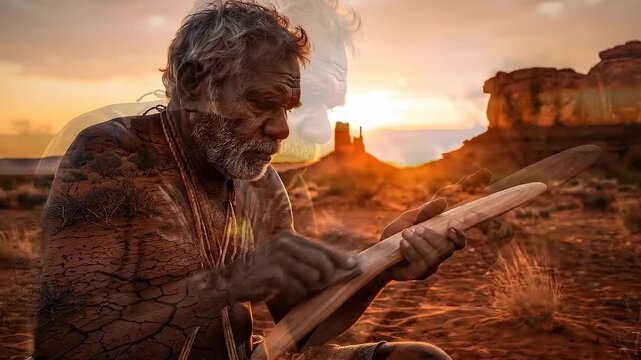 An Aboriginal Elder skillfully crafts a traditional spear under the warm light of the setting sun, embodying a deep connection to the land and ancestral heritage.