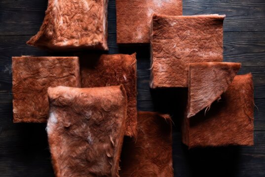 Rustic brown textured insulation material arranged in abstract pattern on dark wood