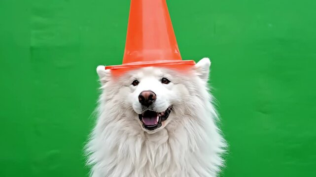 Happy white Samoyed dog wearing an orange traffic cone hat on a vibrant green background, looking directly at the camera with a joyful expression.