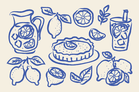Lemon dessert drink set naive blue sketch vector