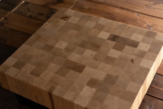 Natural end-grain oak wood butcher block cutting board on rustic wooden background