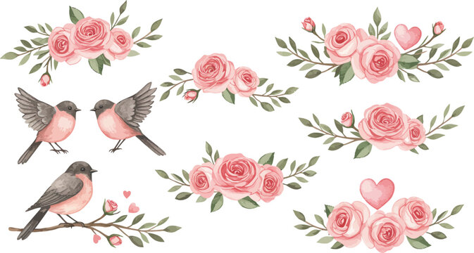 Vintage floral vector illustration featuring a set of pink roses and birds in a romantic heart frame design for wedding cards