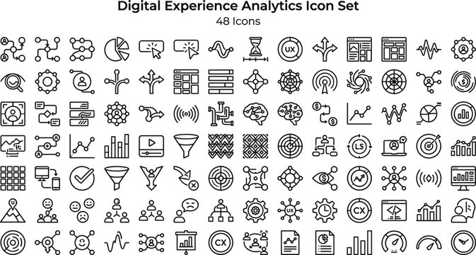 Digital Experience Analytics Icon Set Featuring User Behavior Insights, UX Metrics, Funnels, Dashboards and Data Visualization Concepts