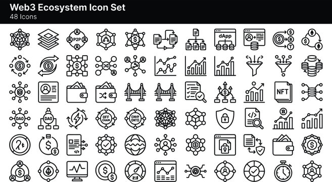 Web3 Ecosystem Icon Set Featuring Blockchain Networks, DeFi, NFTs, Crypto Wallets, Smart Contracts and Decentralized Applications