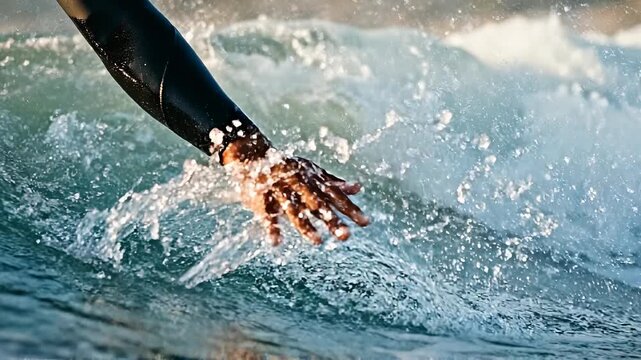 A swimmer's hand carves through a cresting wave, its form revealing the power and grace of the ocean. Experience the strength of human endurance.