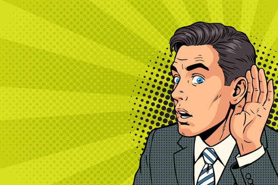 Pop Art Man Listening Intently - Retro Comic Book Style Businessman Cupping Ear on Green Sunburst Background