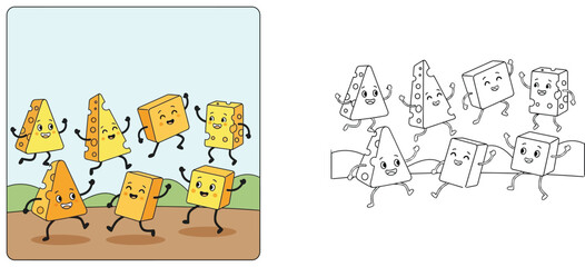 Fototapeta premium Happy Cheese Slices and Blocks Dancing Outdoors Cartoon Illustration and Black and White Line Art Coloring Page Outline Vector for Kids Education and Creative Fun Activity Book