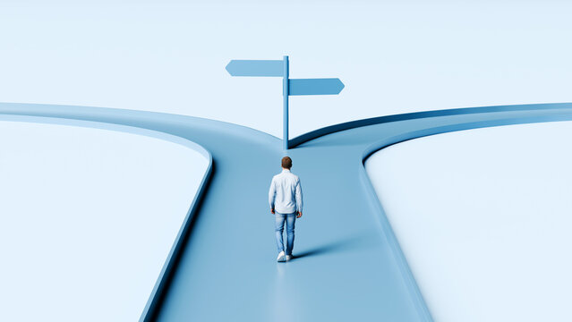 Man walking toward a fork in the road with blank signposts representing strategic career choices and future direction, 3d render