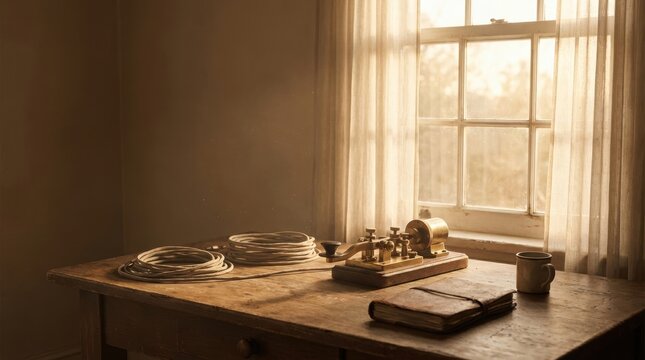 Antique telegraph machine coiled wires and a journal on a wooden desk near a window