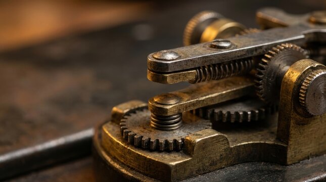 Detailed close up of an antique brass telegraph key with visible gears and springs