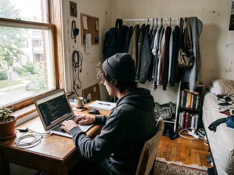 Candid shot of a male student or freelance professional focusing on his laptop inside a messy, authentic, and cozy domestic room with natural light