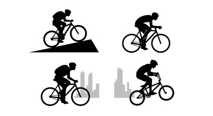 Naklejka premium Silhouette depictions of cyclists engaged in various biking activities including hill climbing urban cycling and BMX stunts showcasing movement and distinct poses against stylized cityscapes