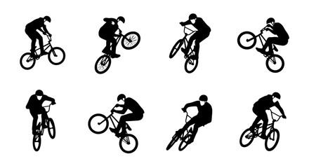 Naklejka premium Dynamic silhouettes showcasing BMX bicycle riders performing various extreme stunts and aerial maneuvers with skill and athletic movement captured in distinct poses against a plain backdrop for