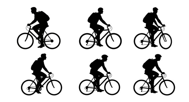 Collection of six distinct silhouetted figures actively riding bicycles each presenting a unique pose and sporting a backpack ideal for depicting active transportation and outdoor recreation