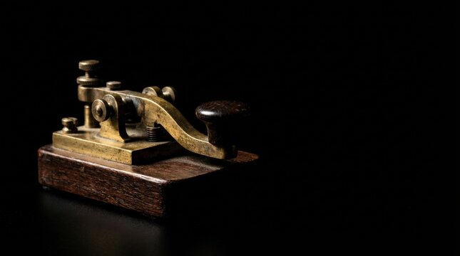 Antique brass Morse code telegraph key with a dark wooden base on a black surface