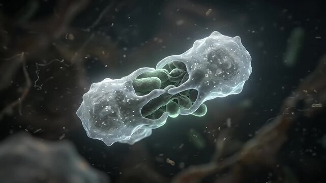 Close up view bacterial cell binary fission division process with two connected cells internal structures microscopic biology science microbe immune cells engulfing bacteria showing cellular