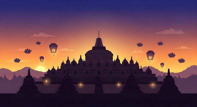 Borobudur Temple Close View Purple Blue Sunset Sky with Hot Air Balloons