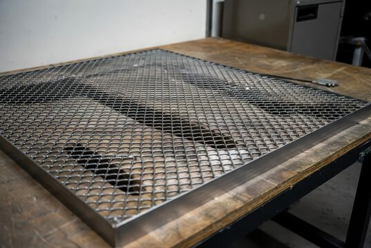Close-up of a metal expanded mesh grate on a workbench in a workshop