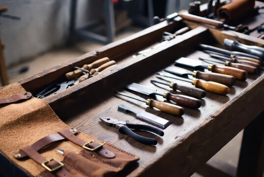 Assortment of vintage woodworking chisels and pliers in a rustic wooden toolbox