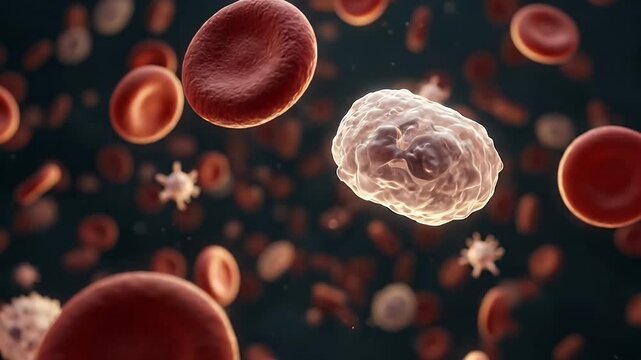 White blood cell and red blood cells floating in bloodstream microscopic view showing detailed cellular structure texture medical biology health science circulation human body depth effect