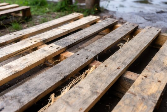 Weathered Wooden Pallets Stacked Outdoors on a Damp, Grassy Surface
