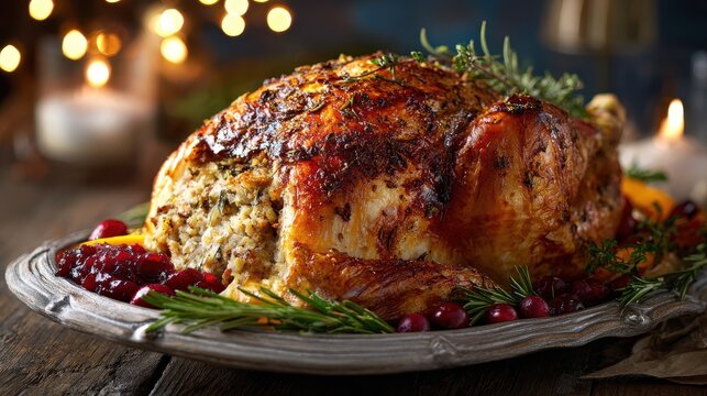 Turkey centerpiece with stuffing and cranberry sauce on a warm kitchen table
