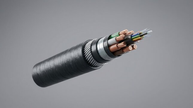 Detailed cross section of a heavy duty electrical power cable with copper conductors and multiple insulated wires