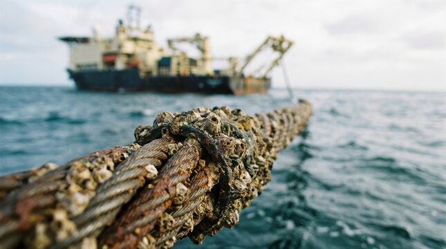 Heavy steel cable encrusted with barnacles on a ship at sea Lan wifi communication