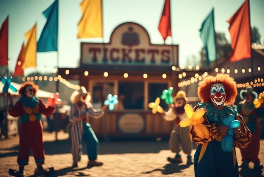 Cheerful clowns with balloon animals at a vibrant carnival ticket booth under colorful flags