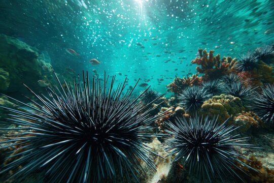 Underwater scene featuring long-spined sea urchins on a rocky reef, sunlit blue water and coral backdrop