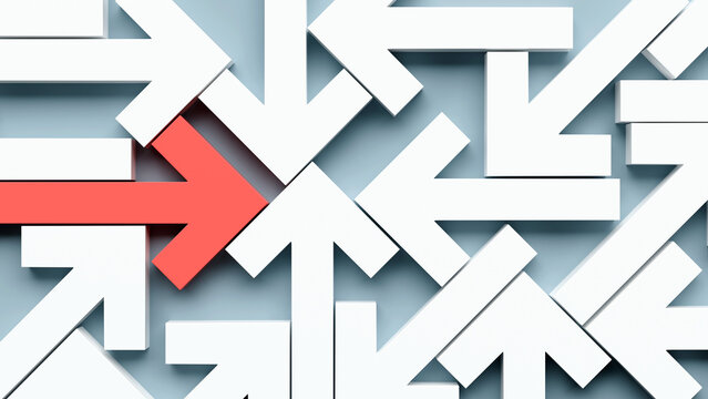 Bold red arrow moving against the crowd of white arrows representing disruptive innovation and unique business strategy, 3d render